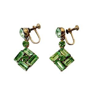 RARE Vintage 1940s Uranium UV Glass Baguette Earrings - Drop Dangle Screw Back